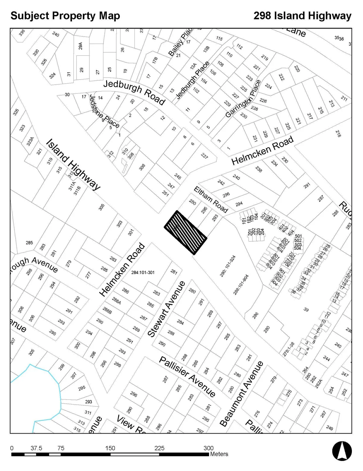 Subject Property Map showing 298 Island Highway (outlined with diagonal lines) located at the intersection of Island Highway and Helmcken Road.