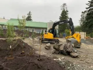 Shovels in the ground with planting in progress