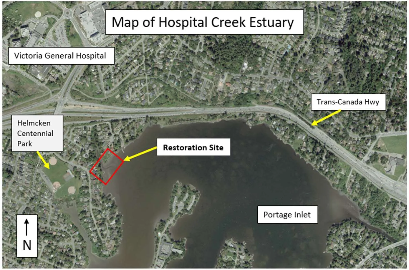 Aerial map of Hospital Creek Estuary showing the restoration site relative to Victoria General Hospital and Portage Inlet
