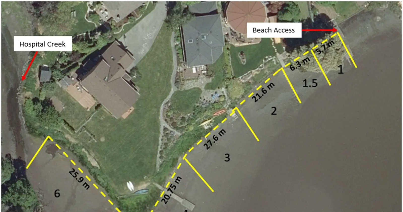 Aerial view of the shoreline with yellow outlines and measurements for restoration polygons 1 through 3