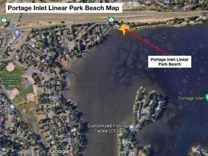 Aerial map showing the location of Portage Inlet Linear Park Beach
