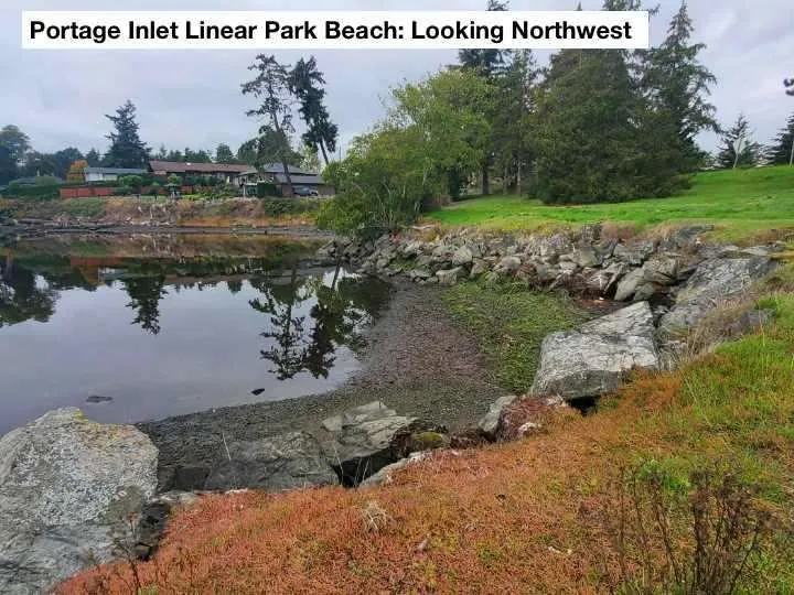 Photograph of Portage Inlet Linear Park Beach looking northwest showing the rocky shoreline