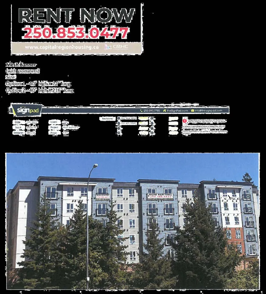 Sign permit application details including the "RENT NOW" mesh banner design and a rendering of the banners installed on the apartment building