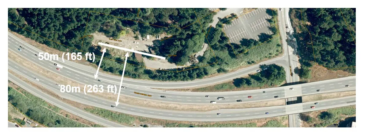 Aerial diagram showing the distances from the Trans-Canada Highway to the sign location, marked at 50m (165 ft) and 80m (263 ft)