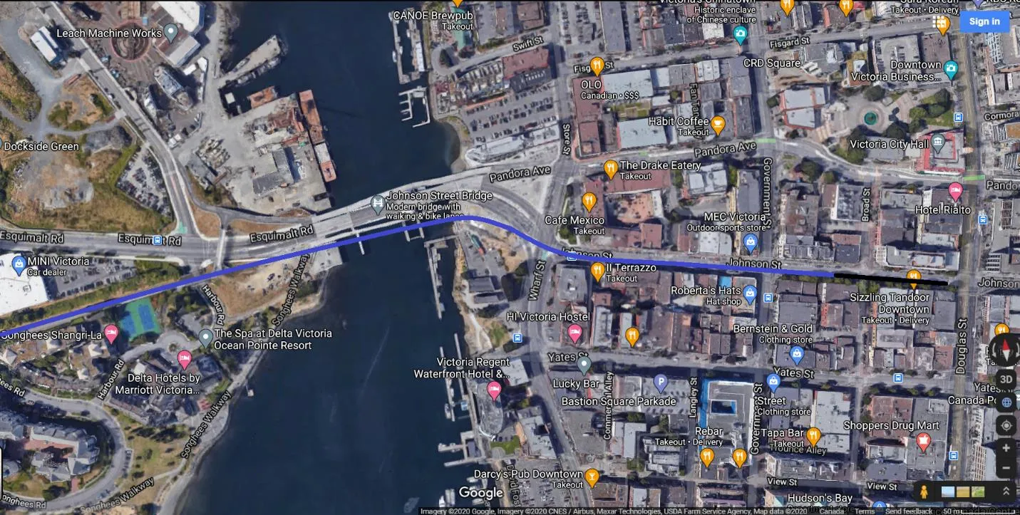 Diagram of Vancouver Island rail route from Courtenay to Victoria including distances and charge points