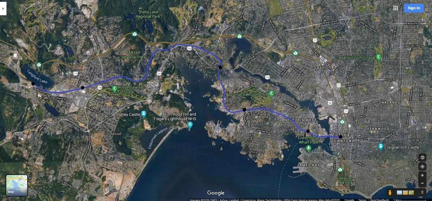 Aerial map of Downtown Victoria showing the proposed rail route across the Johnson Street Bridge to Douglas St.