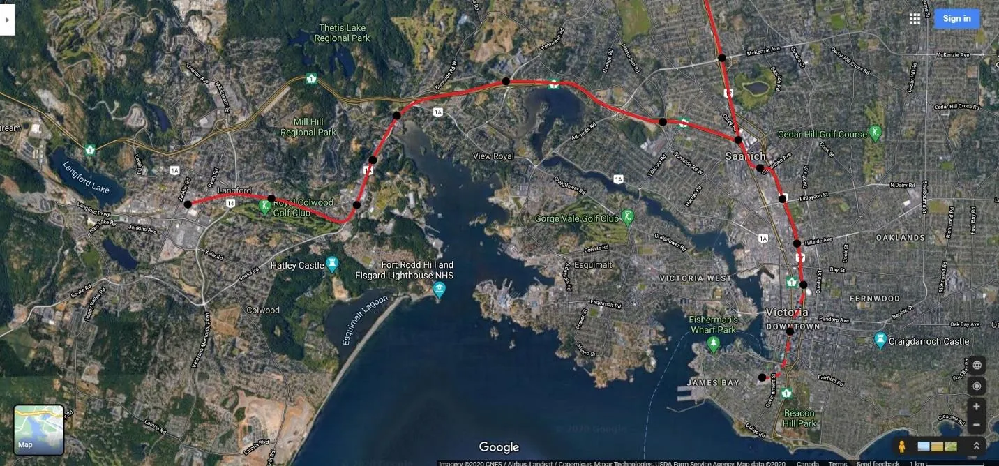 Satellite map illustrating the proposed CRD Rail Rapid Transit routes across the region
