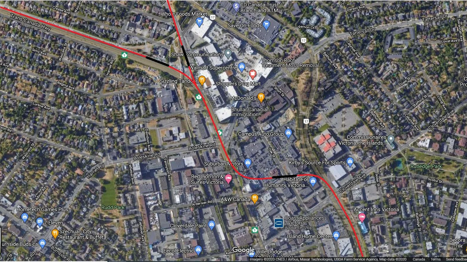 Close-up satellite map detailing the proposed rail route through the Uptown area