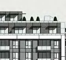 East elevation drawing showing the building's side facade and parking ramp access