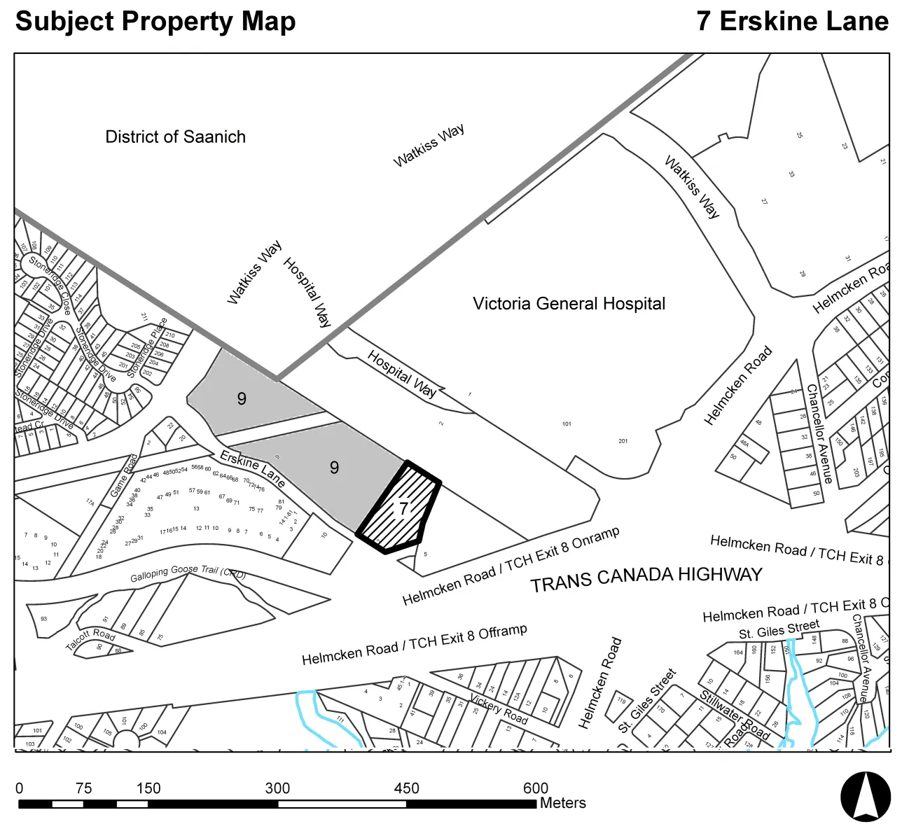 Subject Property Map for 7 Erskine Lane showing the property location relative to Erskine Lane, Watkiss Way, Victoria General Hospital, and the Trans Canada Highway.