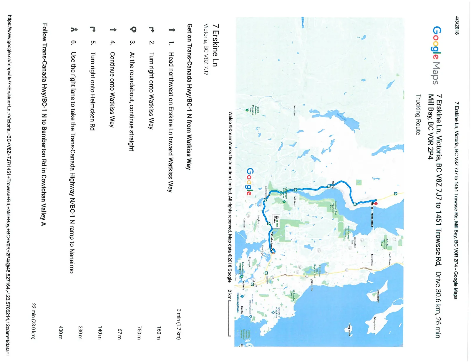 Google Maps route map from 7 Erskine Ln, Victoria to 1451 Trowsse Rd, Mill Bay