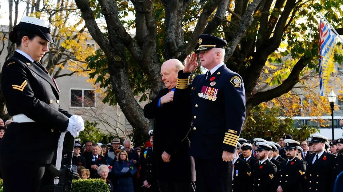 Mayor Screech (R) and Fire Chief Hurst (L) at Esquimalt Memorial Park Cenotaph Remembrance Day 2019