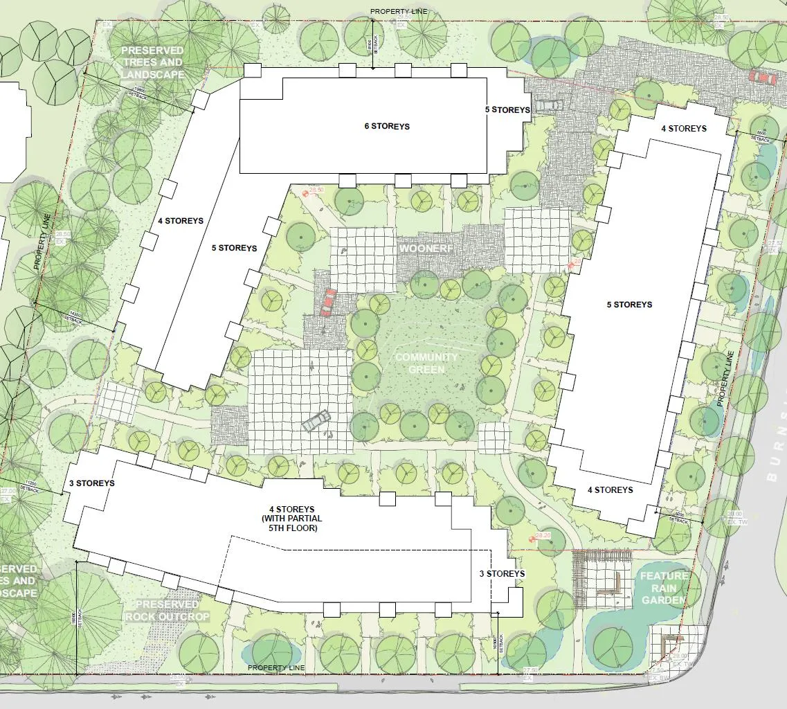 Site plan illustrating building layouts for Subzones A, B, and C with indicated storey counts, community green space, and preserved landscape features