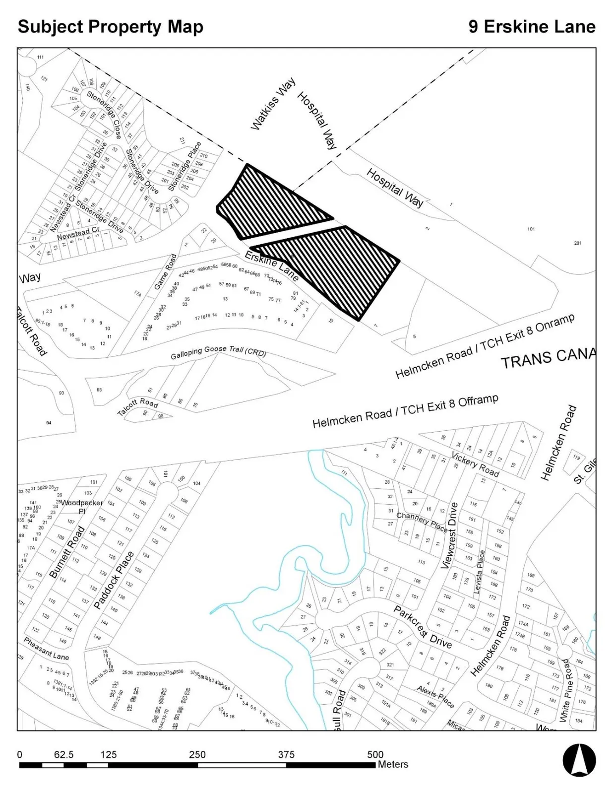 Map showing the subject property at 9 Erskine Lane, highlighted with diagonal hatching, situated near the intersection of Erskine Lane, Watkiss Way, and Hospital Way, and adjacent to the Trans-Canada Highway/Helmcken Road interchange.