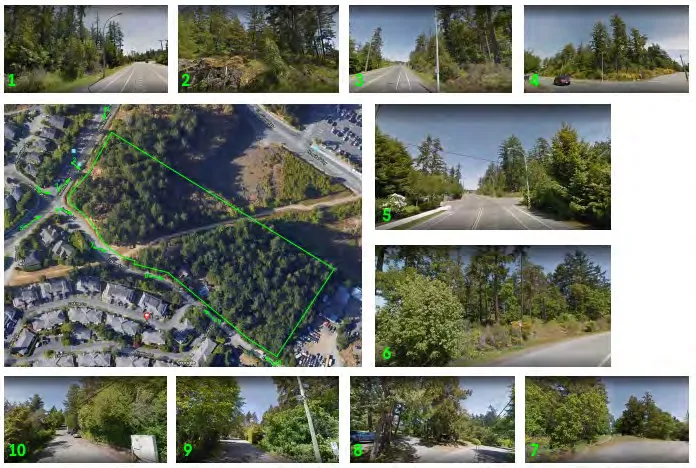 Collage of site context photographs numbered 1 through 10 and a site boundary overlay map