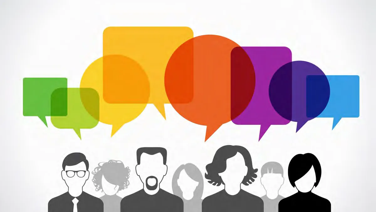 Public consultation graphic showing diverse silhouettes and colorful speech bubbles