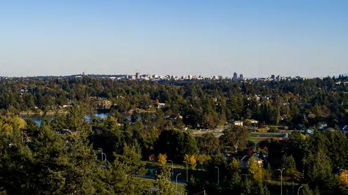 Panoramic view overlooking residential areas and the city skyline