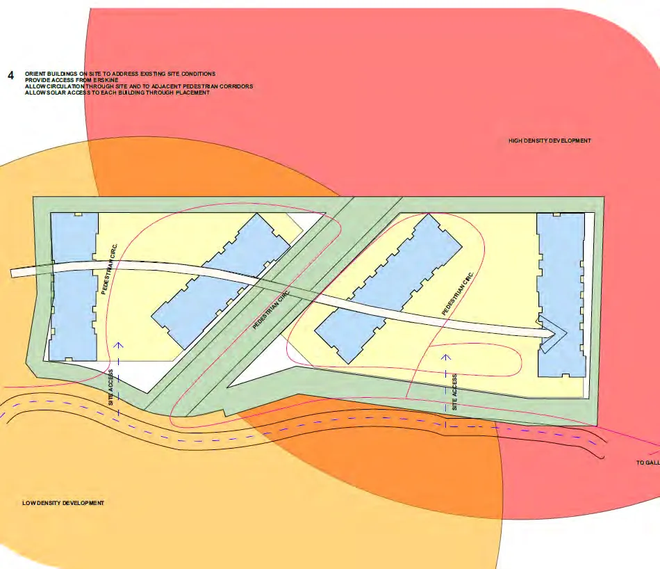 Diagram 4 - Site plan showing building orientation, pedestrian circulation, and density zones