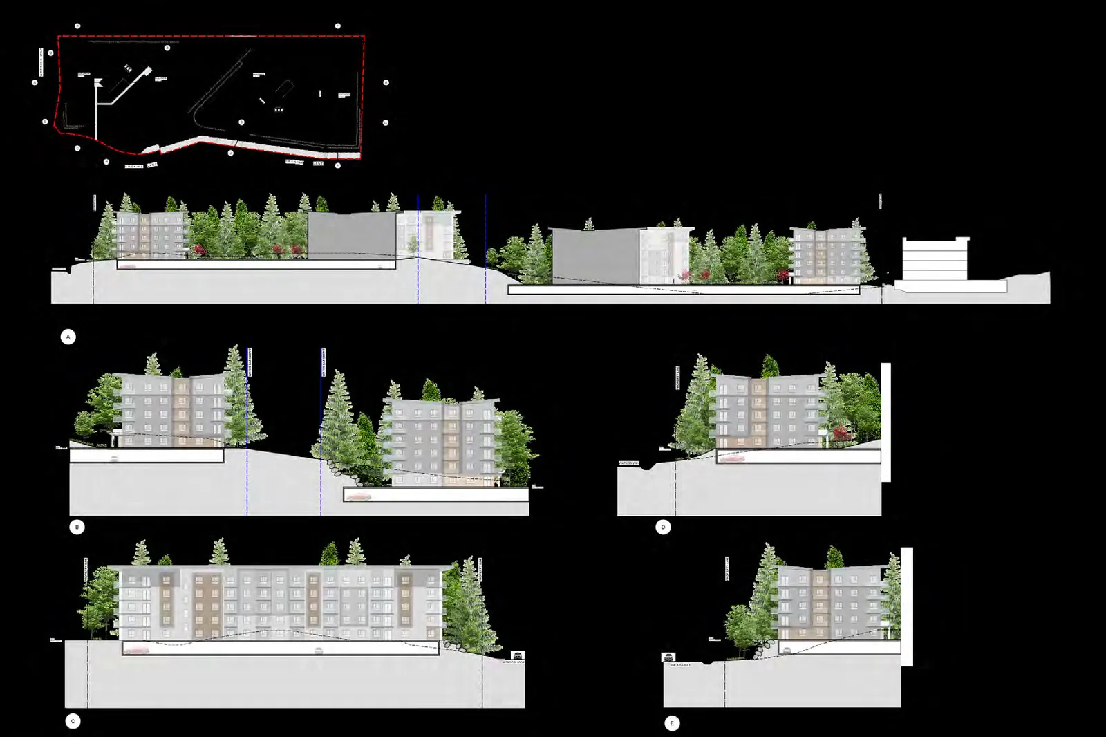 Site architectural sections A through E showing building profiles and grading