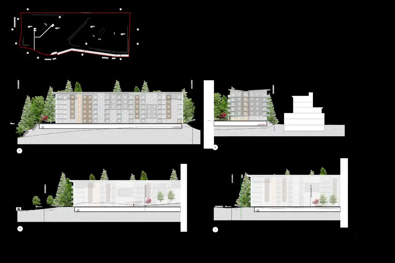 Site architectural sections F, G, H, and J including a comparison to the proposed 7 Erskine Lane building