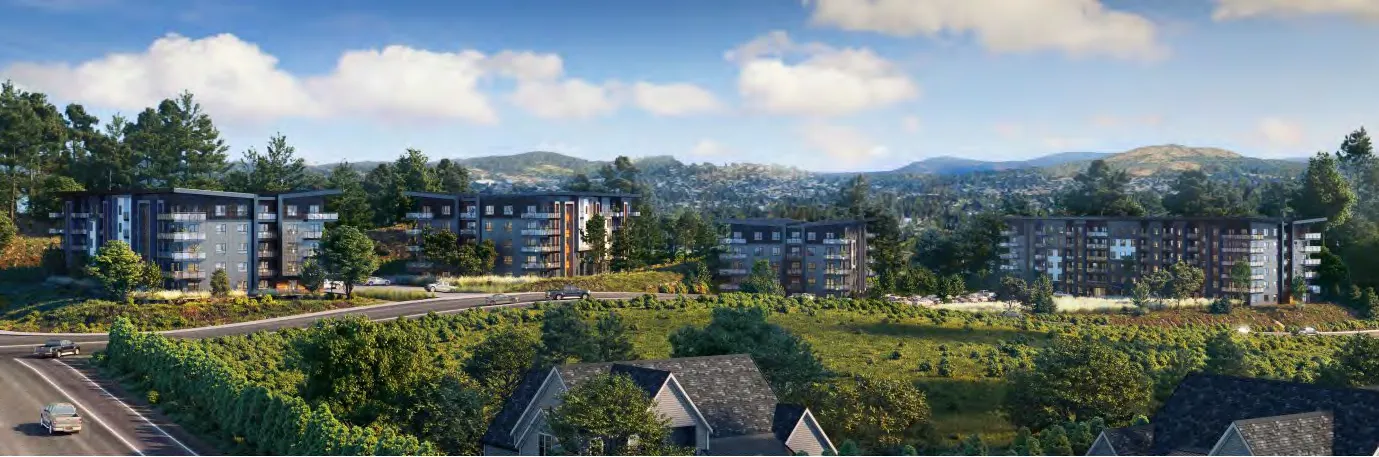 Panoramic architectural rendering of the four-building residential development