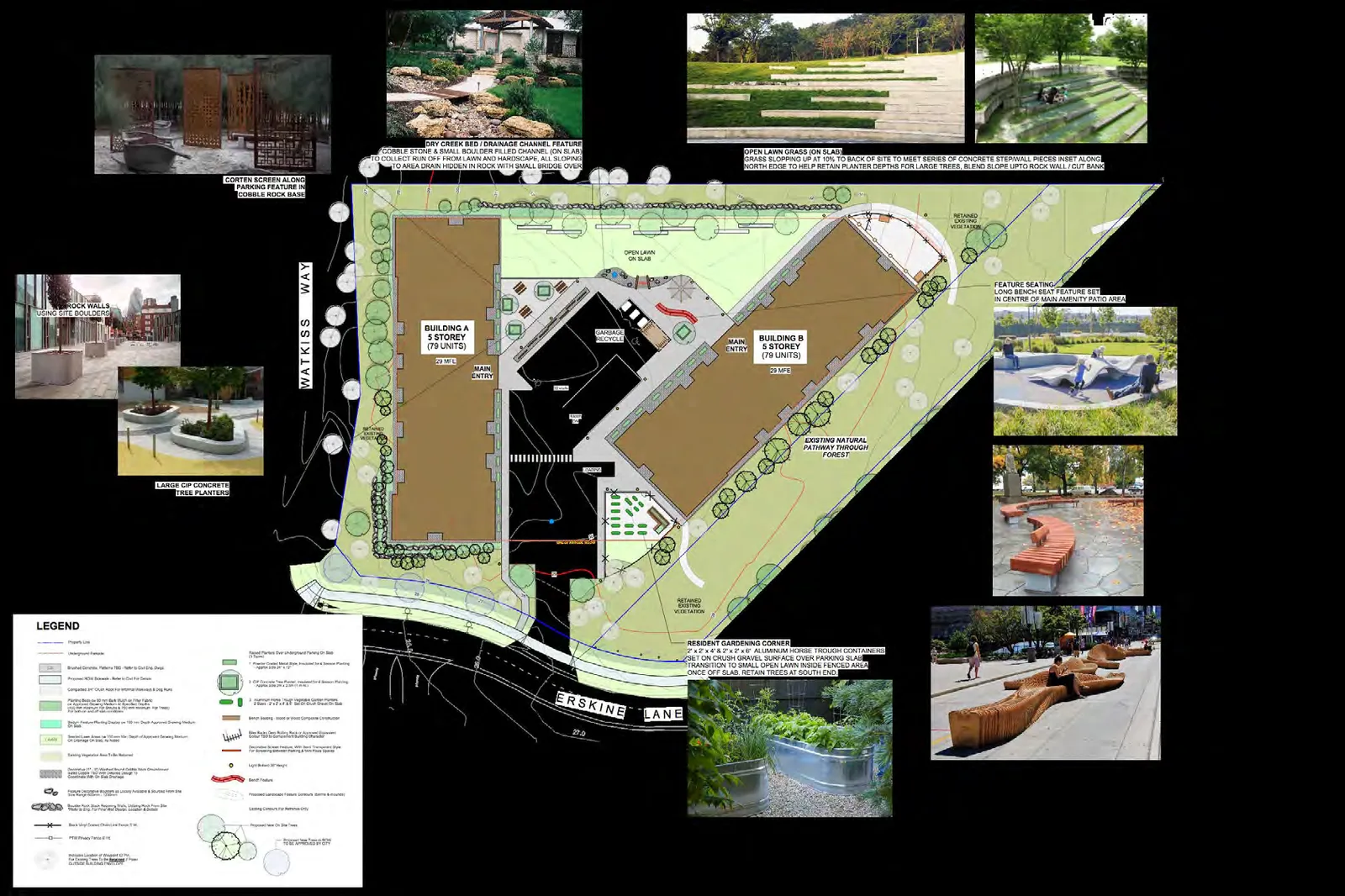 Detailed landscape plan for Lot A featuring Buildings A and B