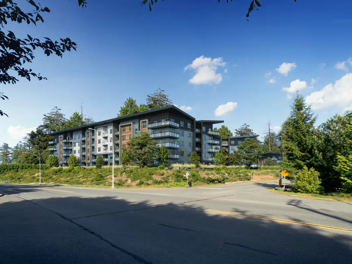 Street-level architectural rendering of Building A at the corner of Watkiss Way and Erskine Lane