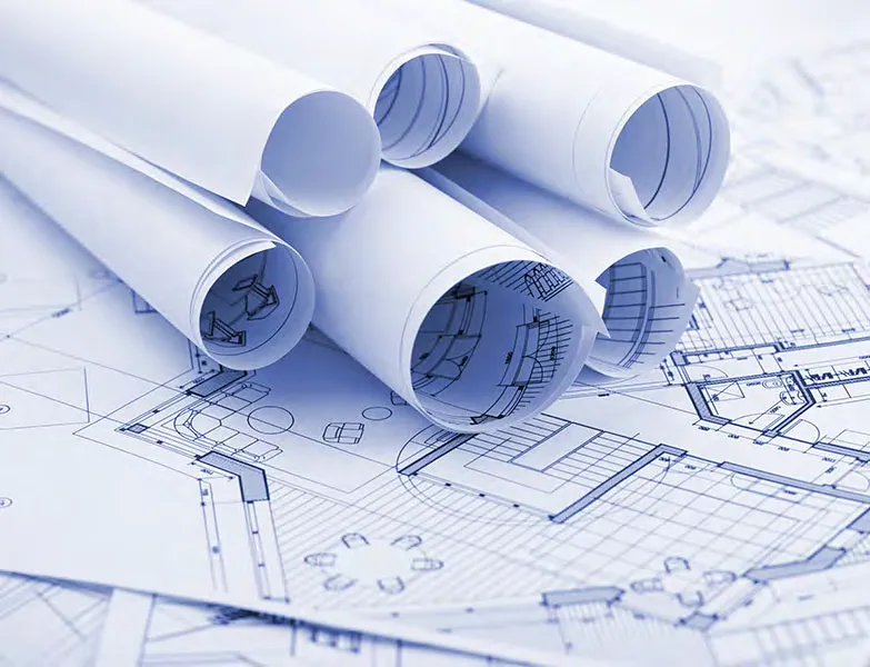 Rolled architectural blueprints