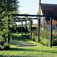 Path view through the metal arbor structure