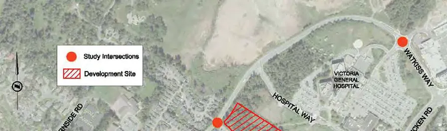 Top half of aerial map showing study intersections at Watkiss Way and Hospital Way