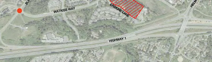 Bottom half of aerial map showing development site on Erskine Lane and Highway 1