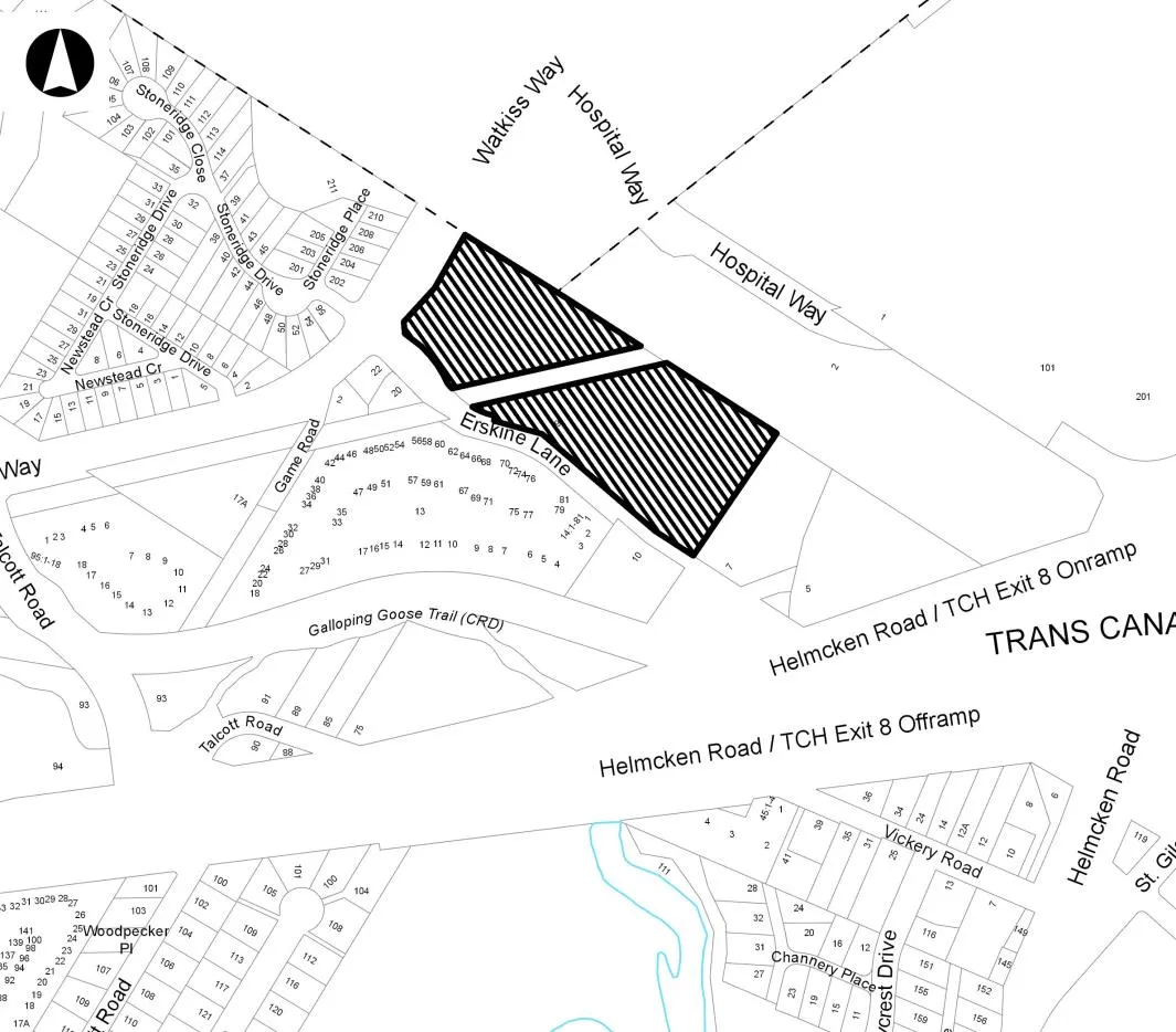 Map showing the location of 9 Erskine Lane relative to surrounding streets, Victoria General Hospital, and the Galloping Goose Trail
