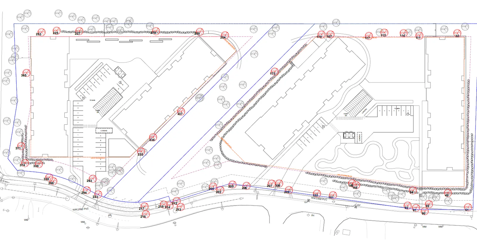 Tree management plan identifying trees to be removed and the extent of the underground parking structure