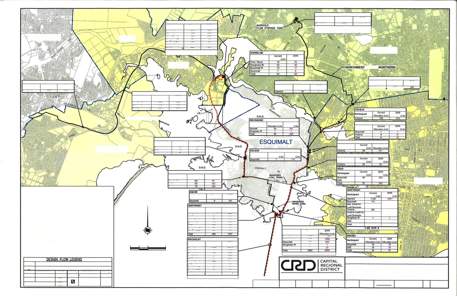 Map of the Macaulay Point Service Area showing core area trunk sewers, pump stations, flow meters, and service boundaries for Langford, Colwood, View Royal, Esquimalt, Saanich, and Victoria.