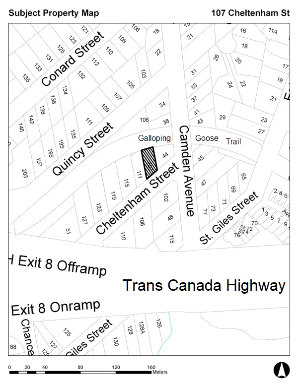 Subject Property Map showing 107 Cheltenham Street highlighted, with surrounding landmarks including Conard Street, Quincy Street, Camden Avenue, Galloping Goose Trail, and the Trans Canada Highway.