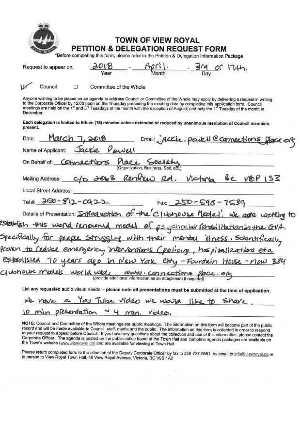 Completed Petition & Delegation Request Form for Connections Place Society