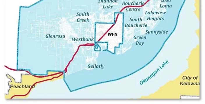 Upper portion of a map showing West Kelowna and Westbank First Nation (WFN) boundaries