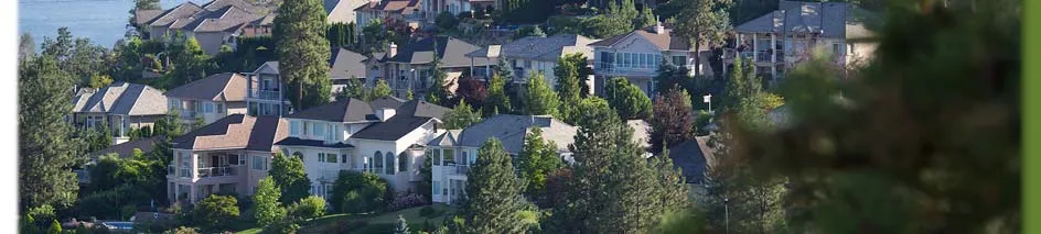 Closer view of residential development nestled in trees above a vineyard landscape