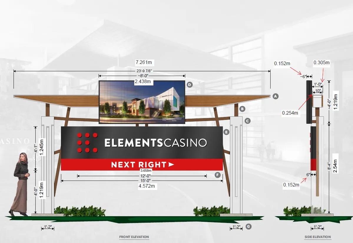 Front and side elevation renderings of the N2 freestanding sign for Elements Casino with dimensions