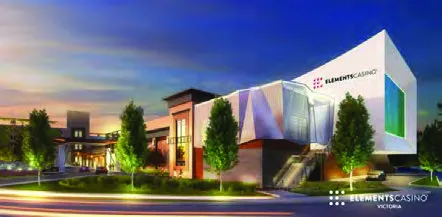 Front and side elevation diagrams of a single face pylon sign featuring an "ELEMENTS CASINO" cabinet with "NEXT RIGHT" directional signage and a message center display.