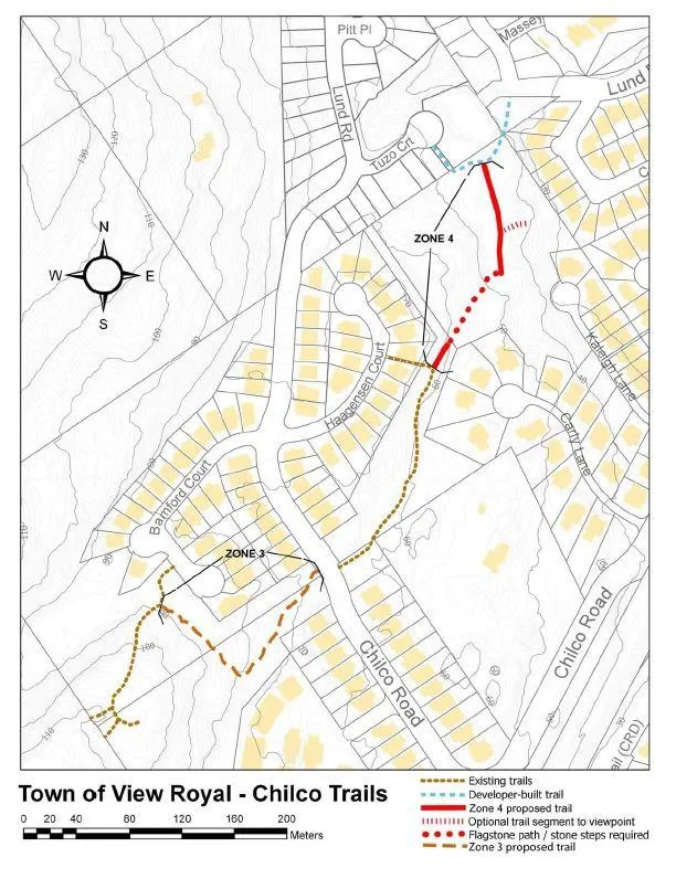 Map titled "Town of View Royal - Chilco Trails" depicting existing and proposed trail networks. The map shows "Zone 3" and "Zone 4" areas with various trail types including existing trails, developer-built trails, proposed trails for both zones, an optional trail segment to a viewpoint, and sections requiring flagstone paths or stone steps. Surrounding streets shown include Chilco Road, Bamford Court, Haagensen Court, Lund Road, and Tuzo Court.