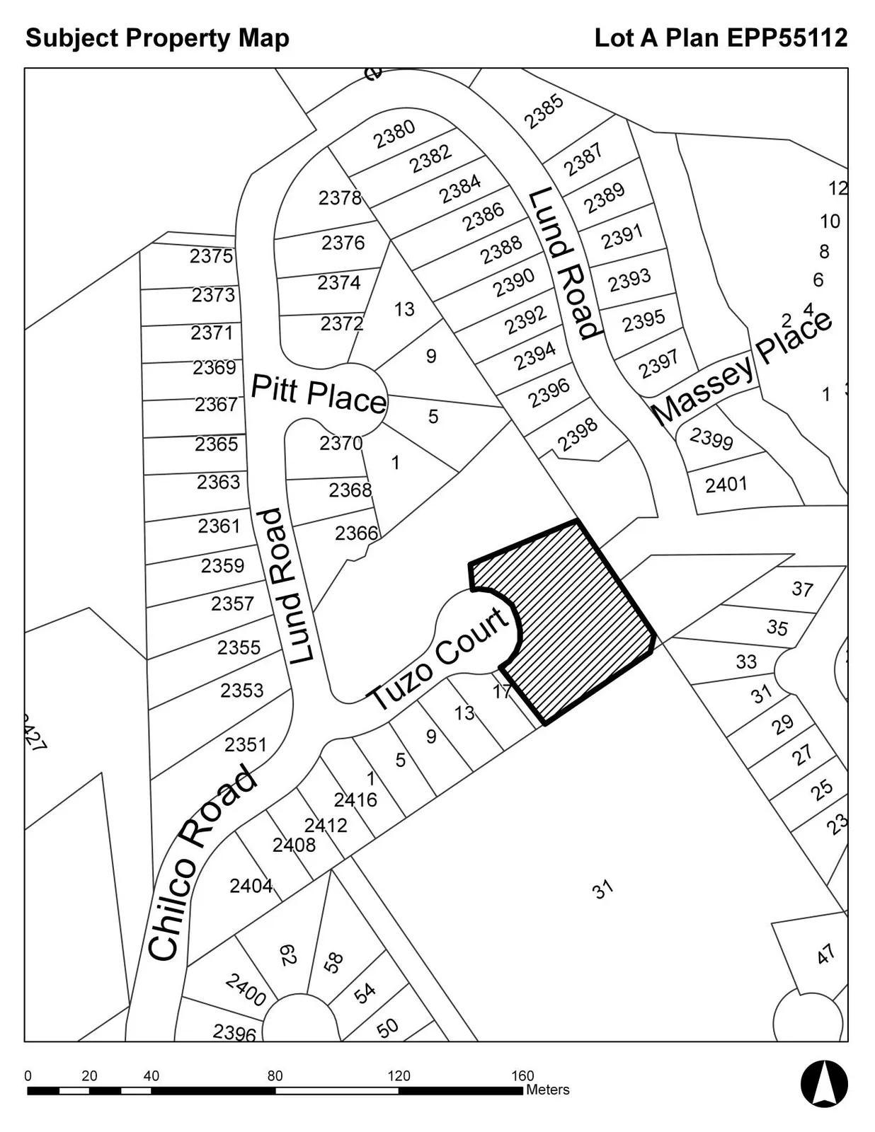 A location plan map showing a hatched subject property located on Tuzo Court. Surrounding streets include Chilco Road, Lund Road, Pitt Place, and Massey Place. Numerous residential lot numbers and addresses are labeled on the map.
