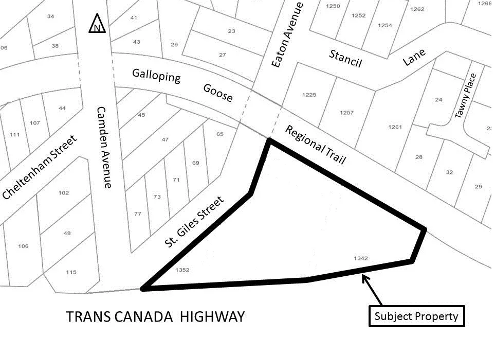 Location map illustrating the subject property at 1342 and 1352 Trans Canada Highway, bordered by St. Giles Street, the Galloping Goose Regional Trail, and the Trans Canada Highway.
