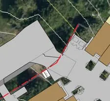 Proposed site plan rendering showing building blocks A, B, C, and D, with site features and surrounding streets