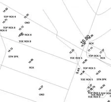 Diagram of trees with labels identifying species and diameters, such as TRD 400 OAK