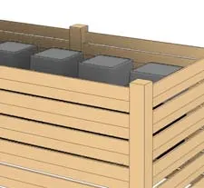 Rendering showing wood slat detail and mesh gates