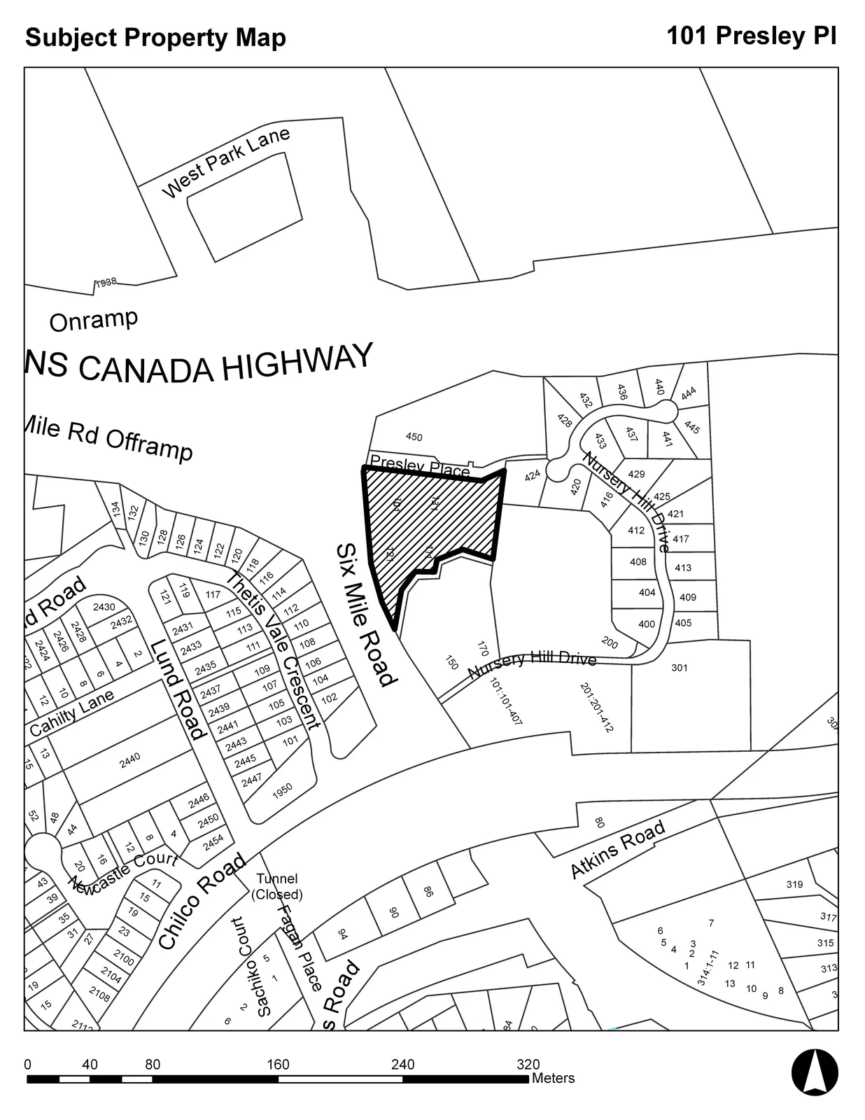 Detailed map showing property boundaries and parcel numbers for 101 Presley Pl and surrounding roads including Six Mile Road, Trans Canada Highway, and Nursery Hill Drive.