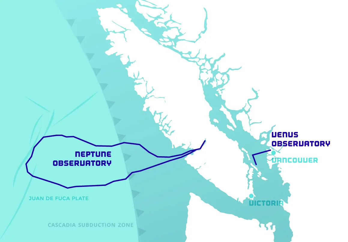 Map of the Pacific Northwest coast highlighting the Cascadia Subduction Zone and the locations of the NEPTUNE and VENUS Observatories.