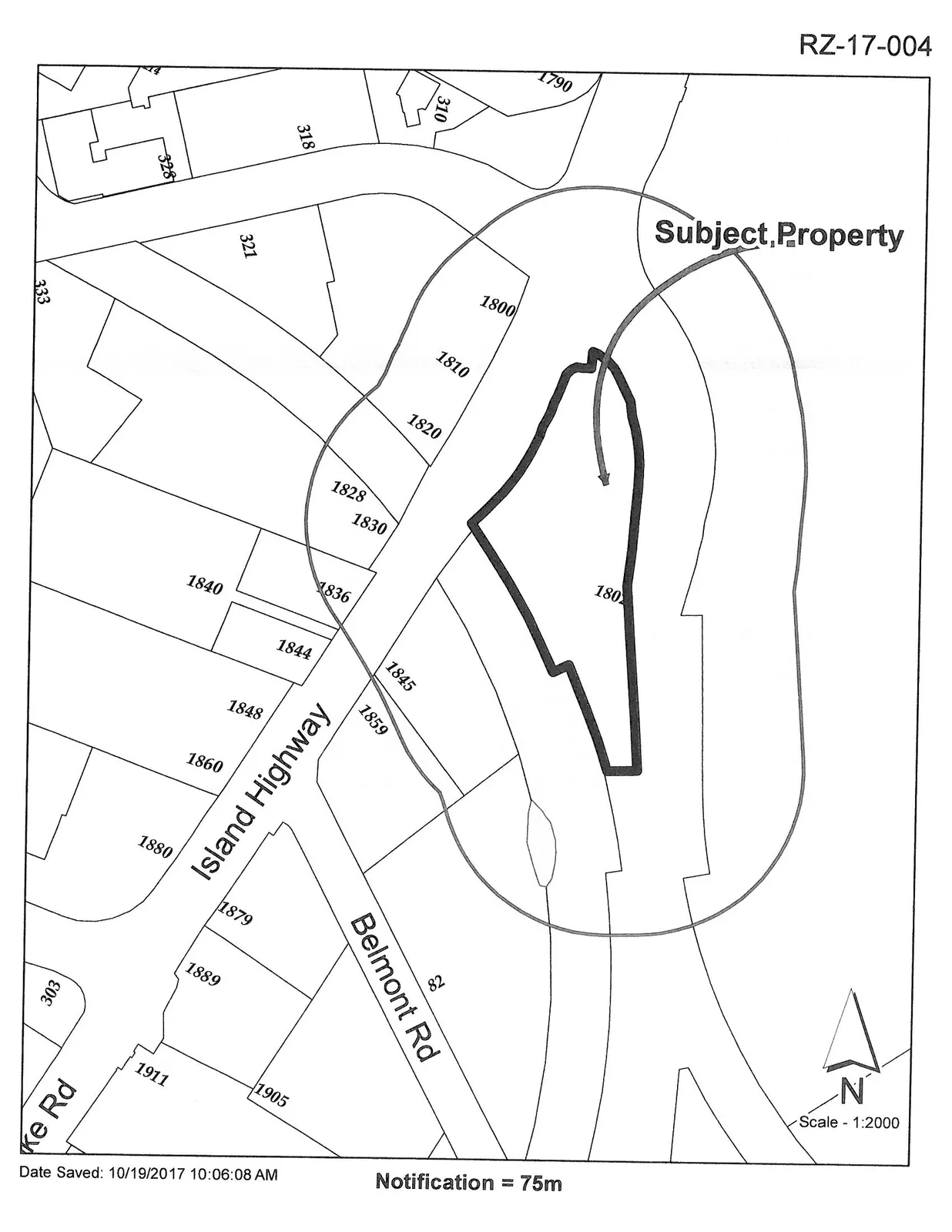 Map showing the Subject Property for Rezoning Application RZ-17-004 at the corner of Island Highway and Belmont Rd, indicating a 75m notification radius.