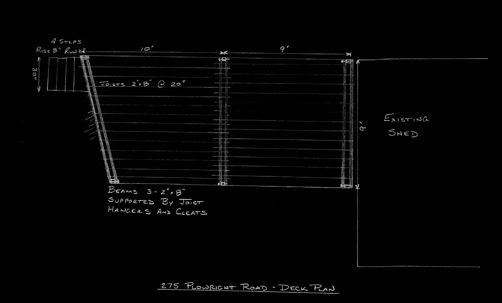 Hand-drawn architectural sketch of a deck plan for 275 Plowright Road. The plan shows a deck structure with sections measuring 10 feet and 9 feet in length, and a width of 9 feet. It features a set of stairs labeled "4 STEPS" with an "8" RISE" and "11 ½" RUN", with a width of 30". Construction notes specify "JOISTS 2"x8" @ 20"" and "BEAMS 3 - 2"x8" SUPPORTED BY JOIST HANGERS AND CLEATS". The deck is positioned adjacent to an "EXISTING SHED".